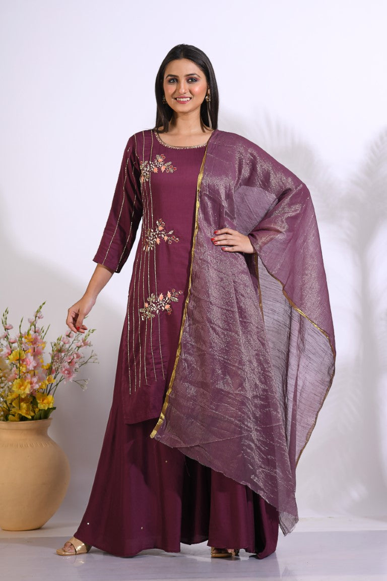 Morchari Palazzo With Long Pant & Dupatta With Hand Embroidery - Maroon | Grocsy