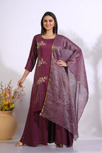 Morchari Palazzo With Long Pant & Dupatta With Hand Embroidery - Maroon | Grocsy