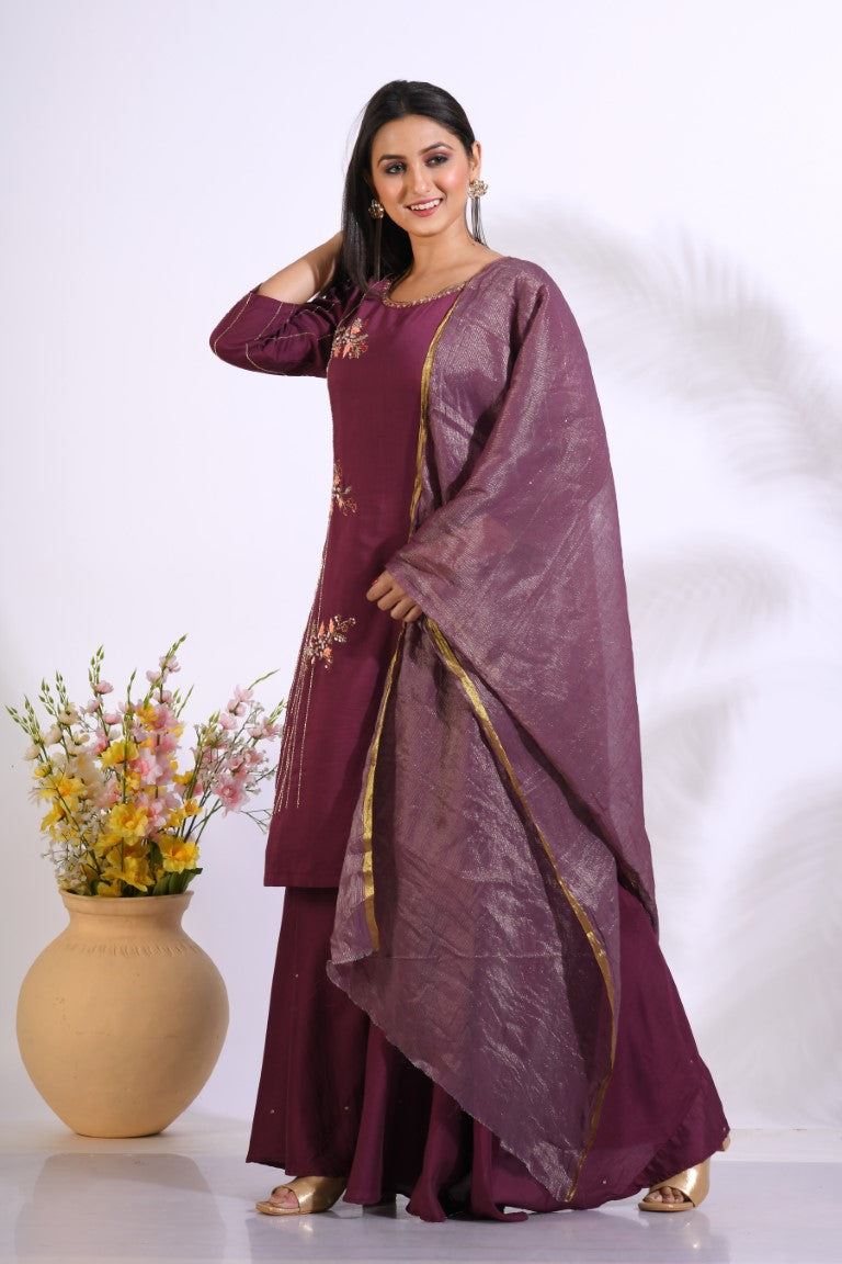 Morchari Palazzo With Long Pant & Dupatta With Hand Embroidery - Maroon | Grocsy