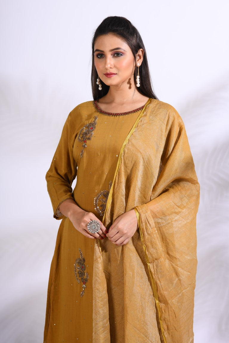 Morchari Sharara With Pant & Dupatta With Hand Embroidery - Mustard | Grocsy
