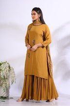 Morchari Sharara With Pant & Dupatta With Hand Embroidery - Mustard | Grocsy