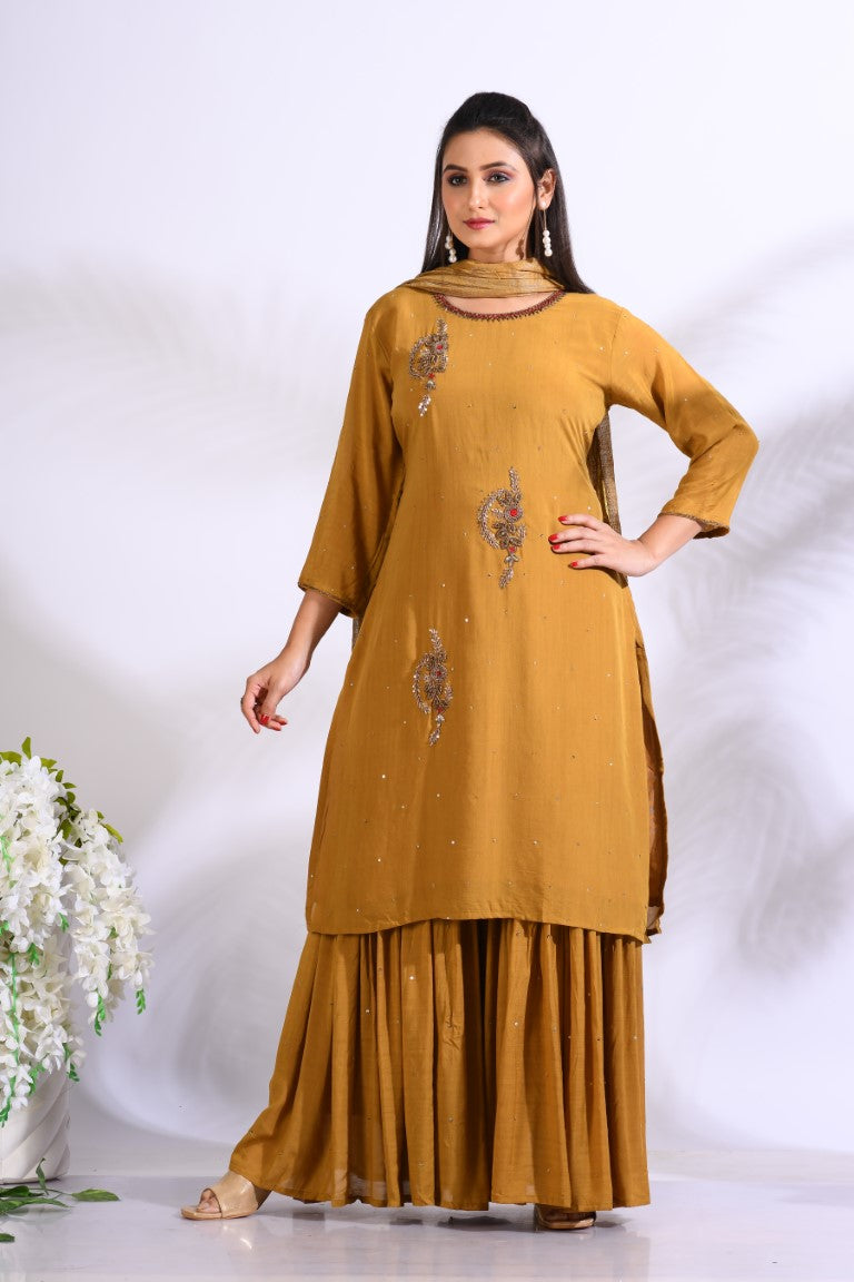 Morchari Sharara With Pant & Dupatta With Hand Embroidery - Mustard | Grocsy