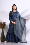 Morchari Sharara With Pant & Dupatta With Hand Embroidery - Blue | Grocsy