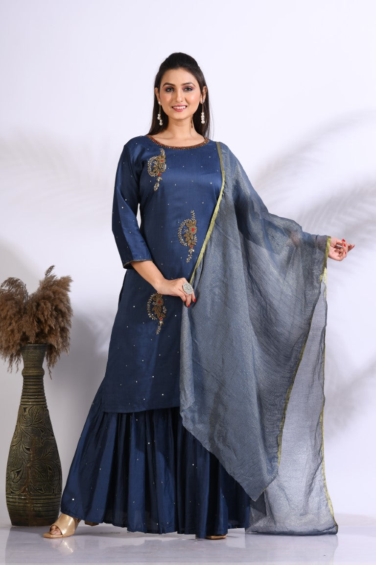Morchari Sharara With Pant & Dupatta With Hand Embroidery - Blue | Grocsy