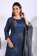 Morchari Sharara With Pant & Dupatta With Hand Embroidery - Blue | Grocsy
