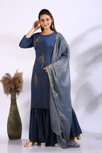Morchari Sharara With Pant & Dupatta With Hand Embroidery - Blue | Grocsy