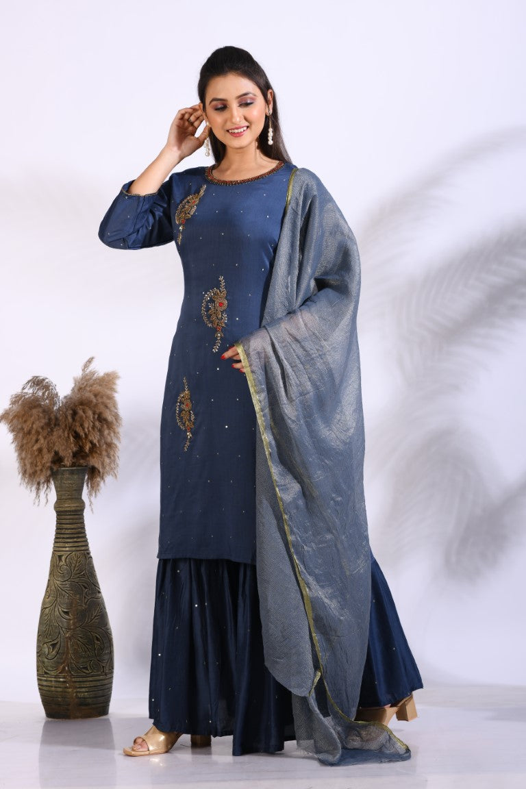 Morchari Sharara With Pant & Dupatta With Hand Embroidery - Blue | Grocsy