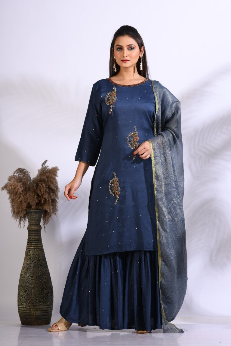 Morchari Sharara With Pant & Dupatta With Hand Embroidery - Blue | Grocsy