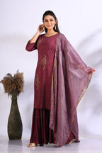 Morchari Sharara With Pant & Dupatta With Hand Embroidery - Maroon | Grocsy