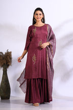 Morchari Sharara With Pant & Dupatta With Hand Embroidery - Maroon | Grocsy