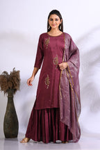 Morchari Sharara With Pant & Dupatta With Hand Embroidery - Maroon | Grocsy