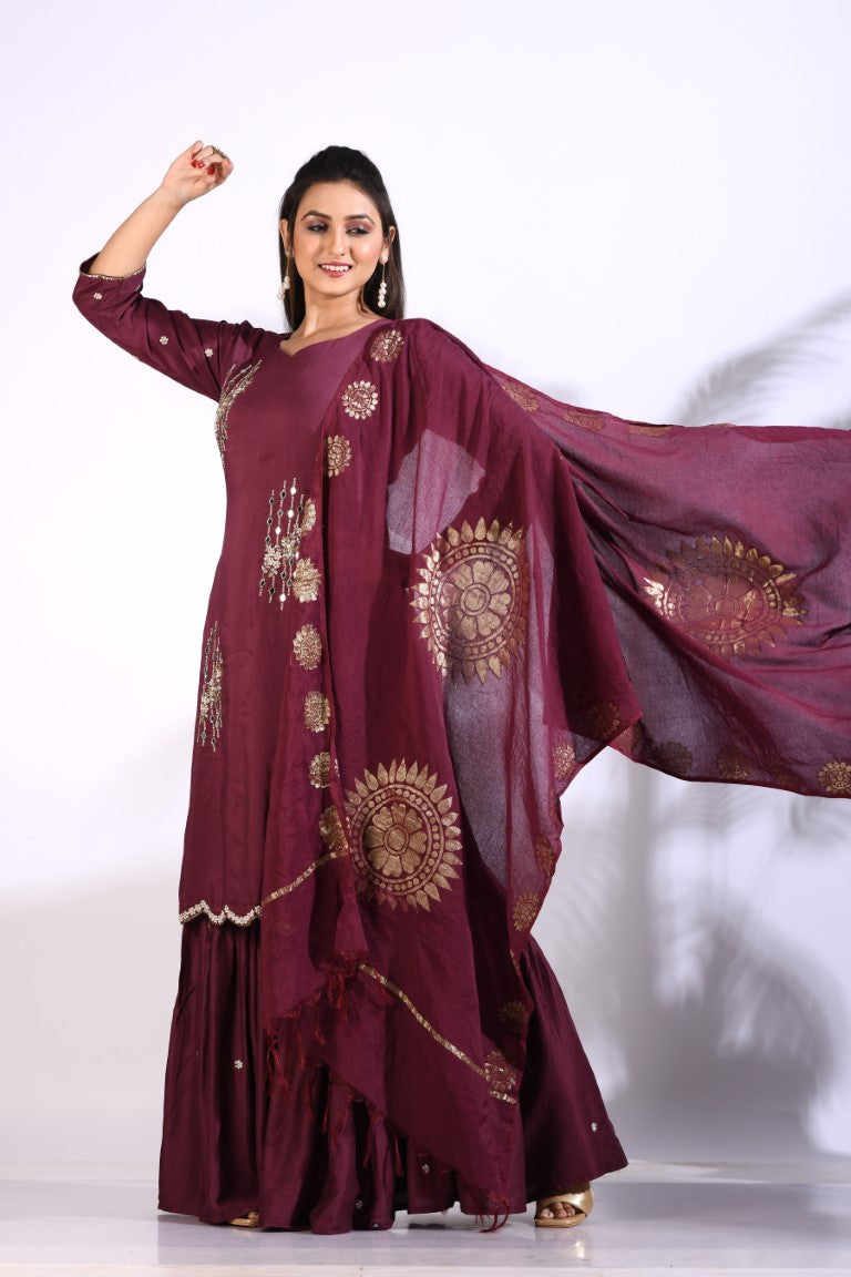 Morchari Sharara With Pant & Dupatta With Hand Embroidery - Maroon | Grocsy
