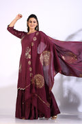 Morchari Sharara With Pant & Dupatta With Hand Embroidery - Maroon | Grocsy