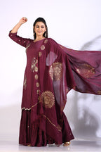 Morchari Sharara With Pant & Dupatta With Hand Embroidery - Maroon | Grocsy