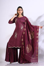 Morchari Sharara With Pant & Dupatta With Hand Embroidery - Maroon | Grocsy
