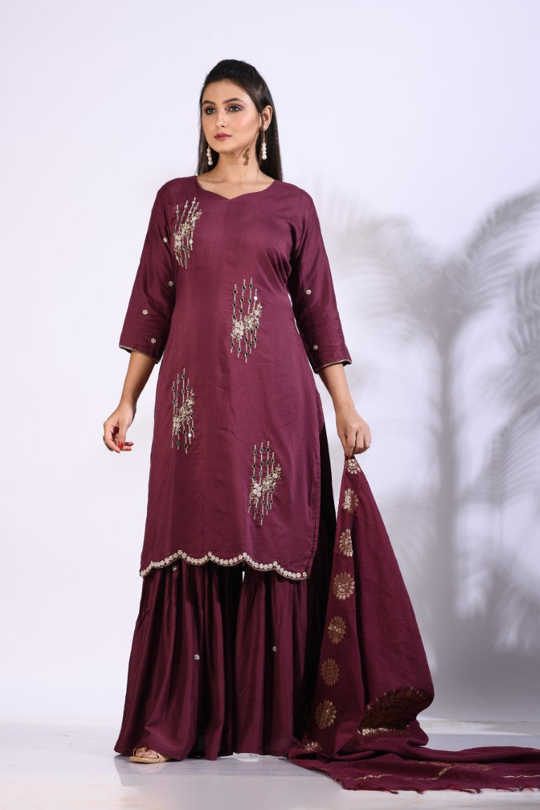 Morchari Sharara With Pant & Dupatta With Hand Embroidery - Maroon | Grocsy