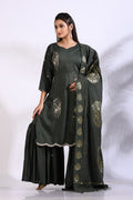 Morchari Sharara With Pant & Dupatta With Hand Embroidery - Green | Grocsy