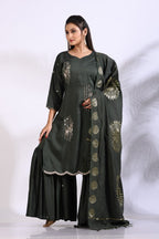 Morchari Sharara With Pant & Dupatta With Hand Embroidery - Green | Grocsy
