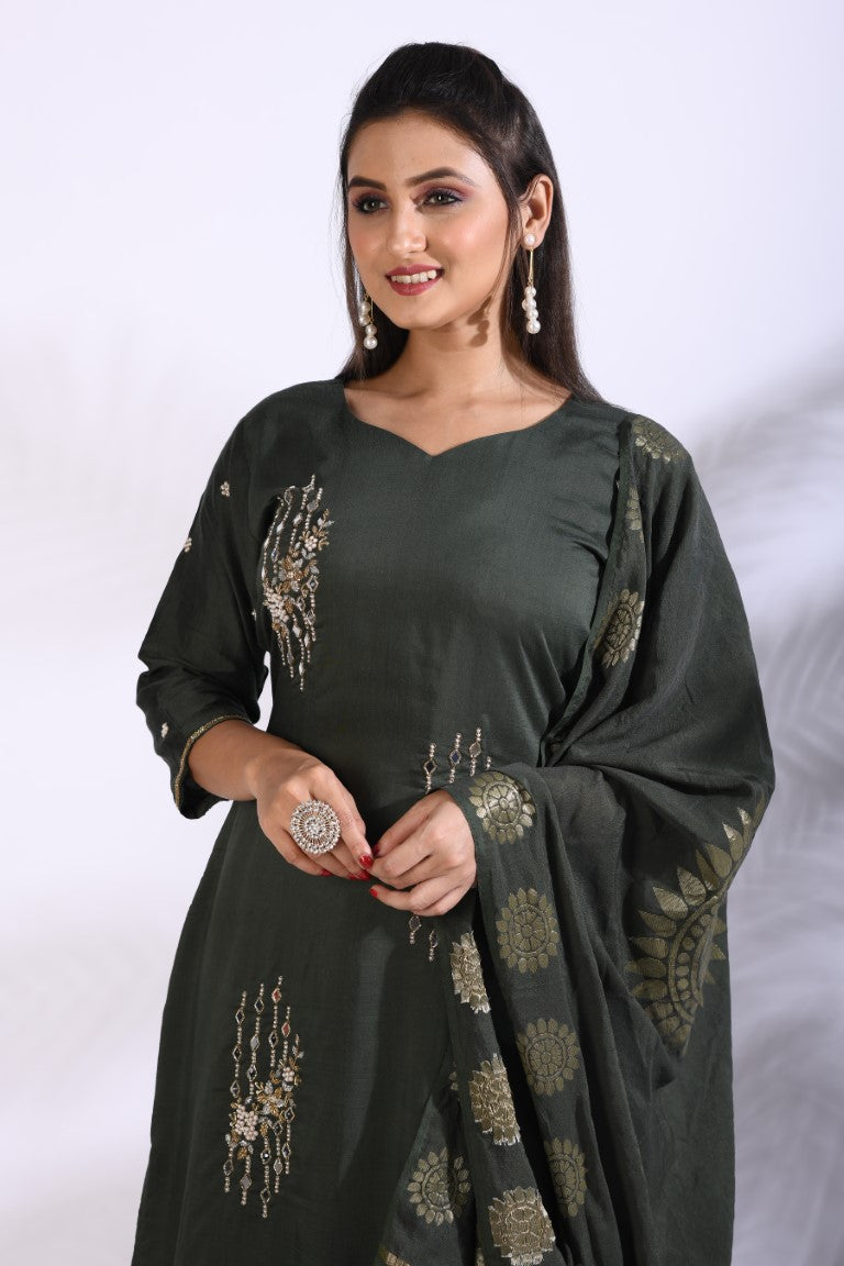 Morchari Sharara With Pant & Dupatta With Hand Embroidery - Green | Grocsy