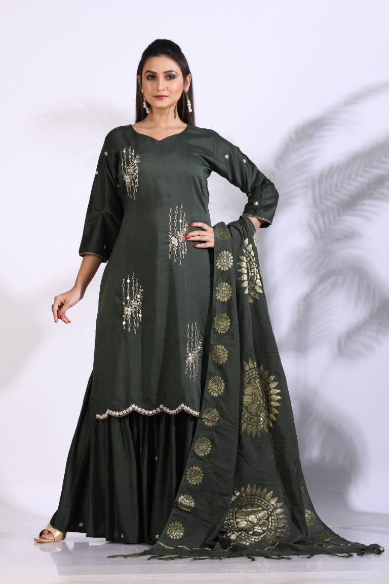 Morchari Sharara With Pant & Dupatta With Hand Embroidery - Green | Grocsy