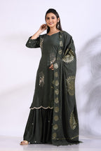 Morchari Sharara With Pant & Dupatta With Hand Embroidery - Green | Grocsy