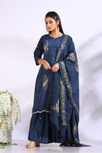 Morchari Sharara With Pant & Dupatta With Hand Embroidery - Blue | Grocsy