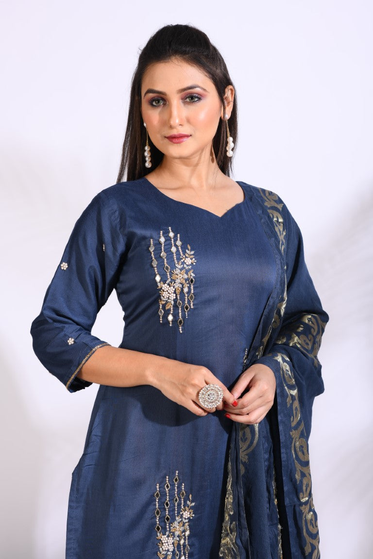 Morchari Sharara With Pant & Dupatta With Hand Embroidery - Blue | Grocsy