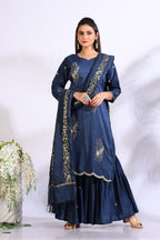 Morchari Sharara With Pant & Dupatta With Hand Embroidery - Blue | Grocsy