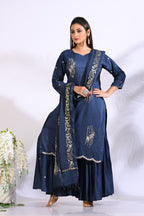 Morchari Sharara With Pant & Dupatta With Hand Embroidery - Blue | Grocsy