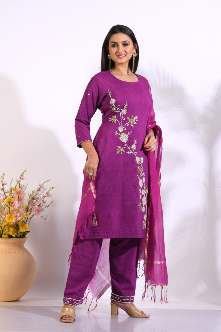 Morchari Long Top With Straight Paint & Hand Embroidery - Purple | Grocsy