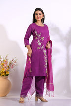 Morchari Long Top With Straight Paint & Hand Embroidery - Purple | Grocsy