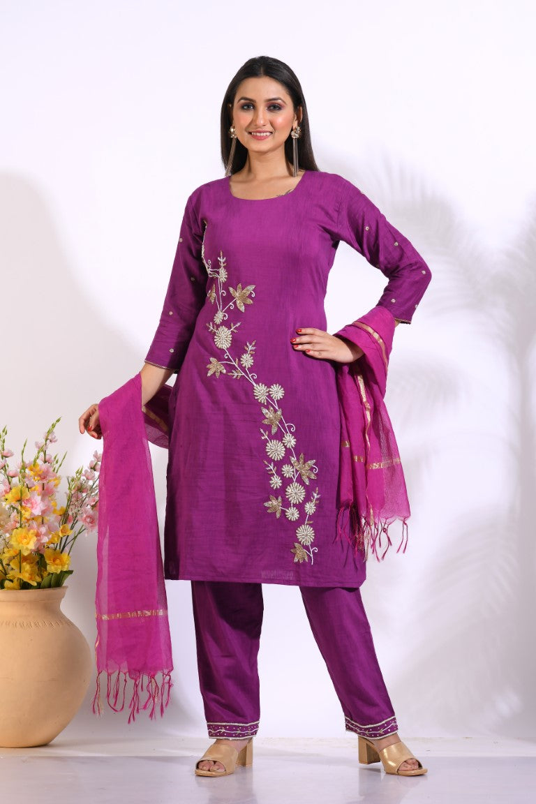 Morchari Long Top With Straight Paint & Hand Embroidery - Purple | Grocsy