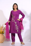 Morchari Long Top With Straight Paint & Hand Embroidery - Purple | Grocsy