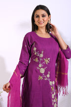 Morchari Long Top With Straight Paint & Hand Embroidery - Purple | Grocsy