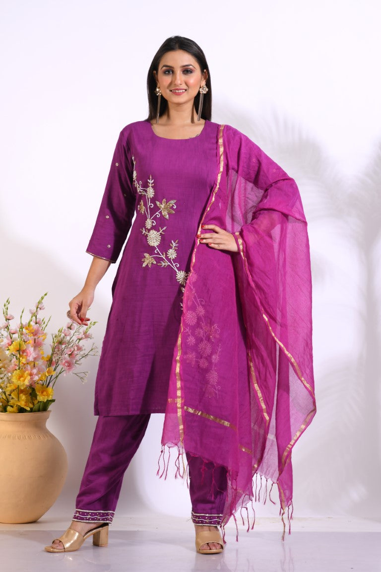 Morchari Long Top With Straight Paint & Hand Embroidery - Purple | Grocsy