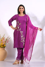 Morchari Long Top With Straight Paint & Hand Embroidery - Purple | Grocsy