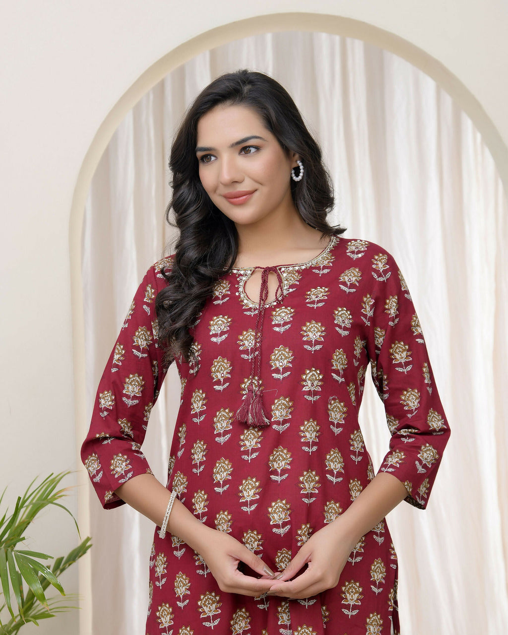 Vaasva Women Maroon Cotton Printed Straight Kurti With Pant | Grocsy