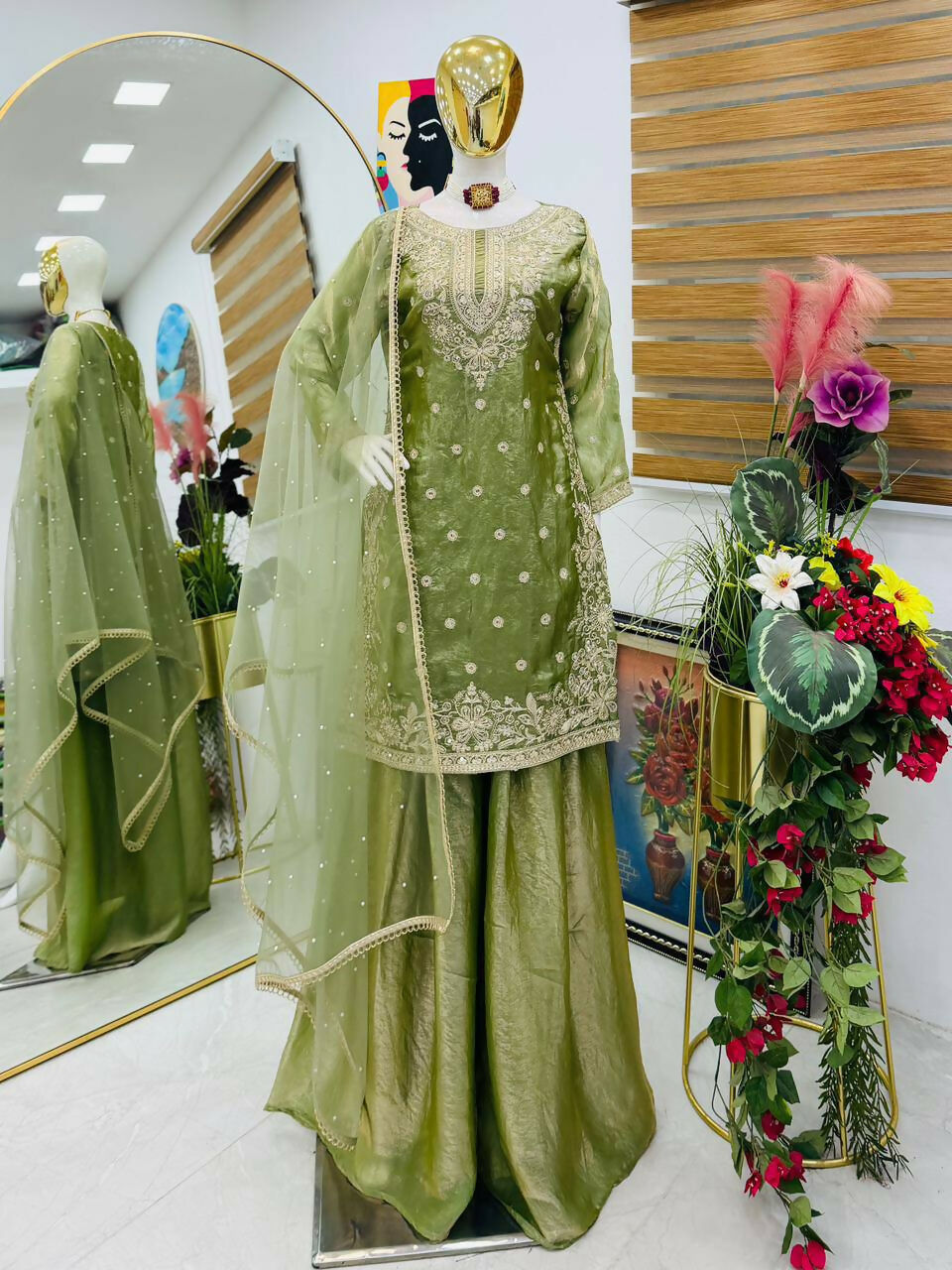 Teeya Creation New Trendy Womens Wedding Wear Kurta Palazzo Set - Light-Green | Grocsy