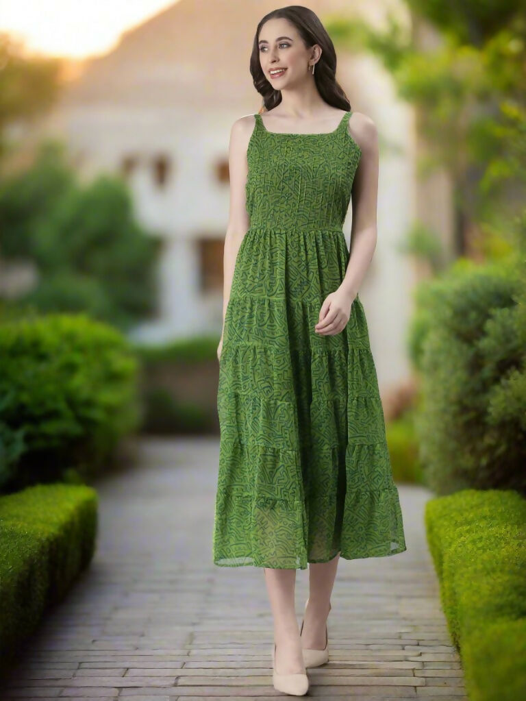 Souchii Green Varlie Printed Tiered Dress – Flowy Fit & Flare | Grocsy