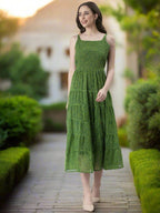 Souchii Green Varlie Printed Tiered Dress – Flowy Fit & Flare | Grocsy