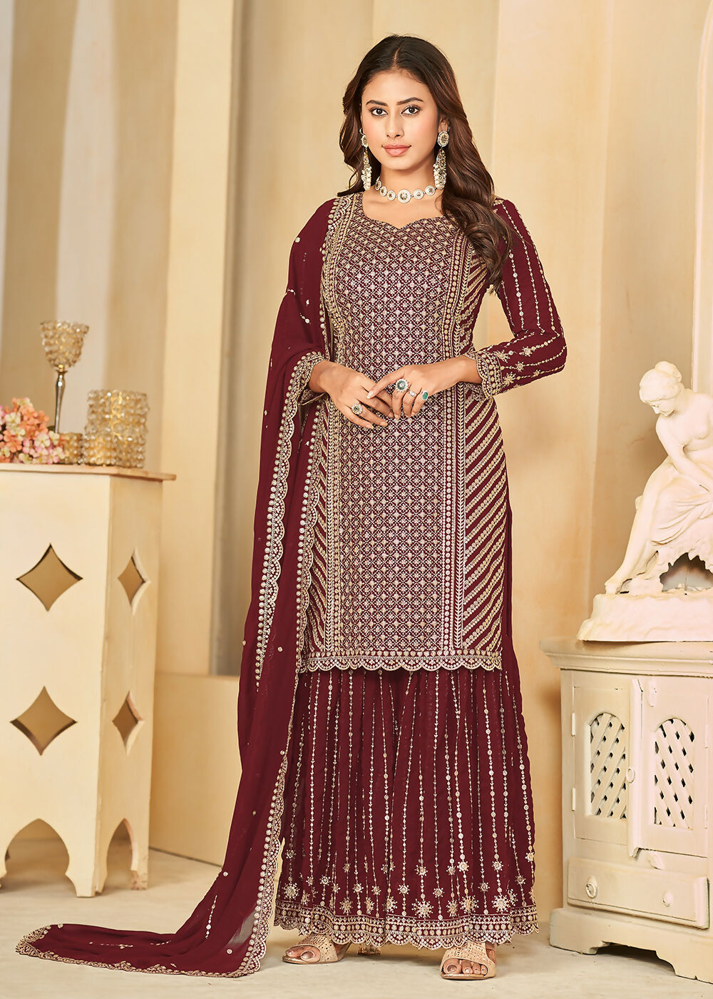 Mesmeric Maroon Faux Georgette Palazzo Suit with Embroidery - Emponline | Grocsy