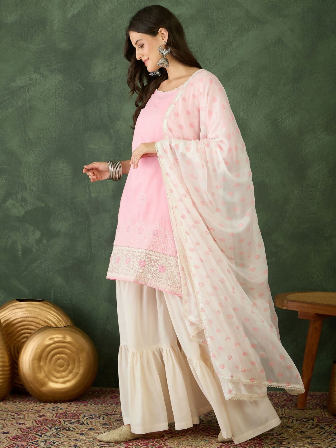 The52 Women's Gorgeous Embroidery Work Cotton Satin Fabric Straight Kurta Sharara and Dupatta Set-Peach | Grocsy