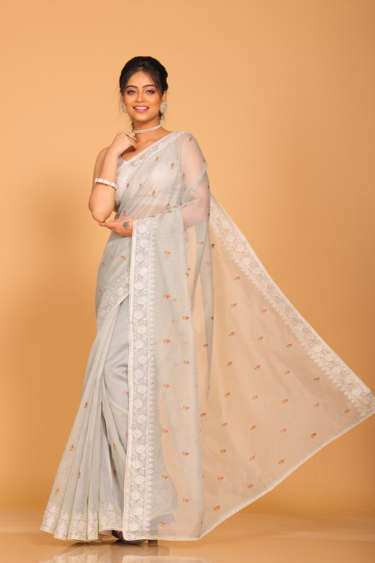 Morchari Cotton Supernet Embroiedery Saree - Grey | Grocsy