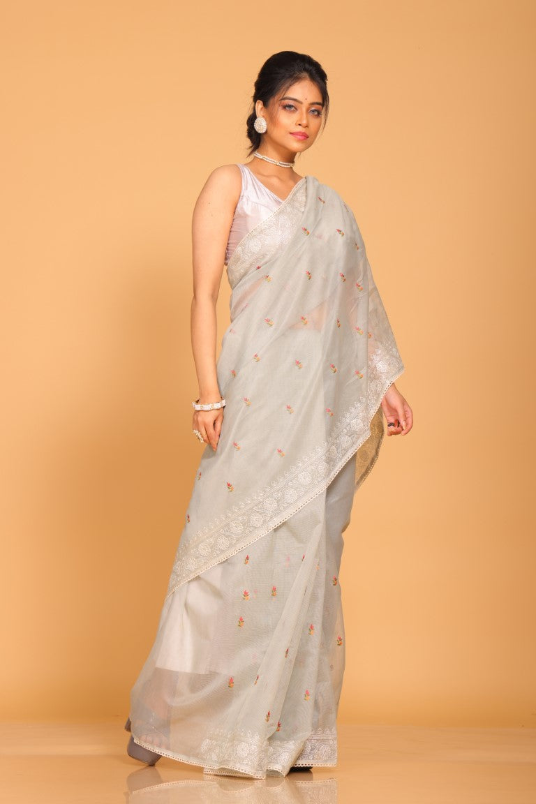 Morchari Cotton Supernet Embroiedery Saree - Grey | Grocsy