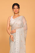 Morchari Cotton Supernet Embroiedery Saree - Grey | Grocsy