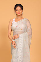 Morchari Cotton Supernet Embroiedery Saree - Grey | Grocsy