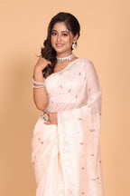 Morchari Cotton Supernet Embroiedery Saree - Light Peach | Grocsy