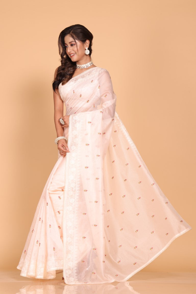 Morchari Cotton Supernet Embroiedery Saree - Light Peach | Grocsy