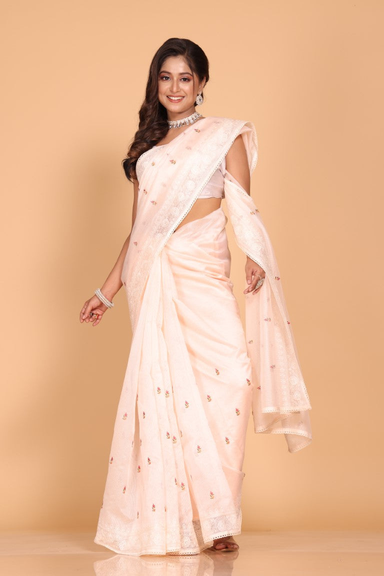 Morchari Cotton Supernet Embroiedery Saree - Light Peach | Grocsy