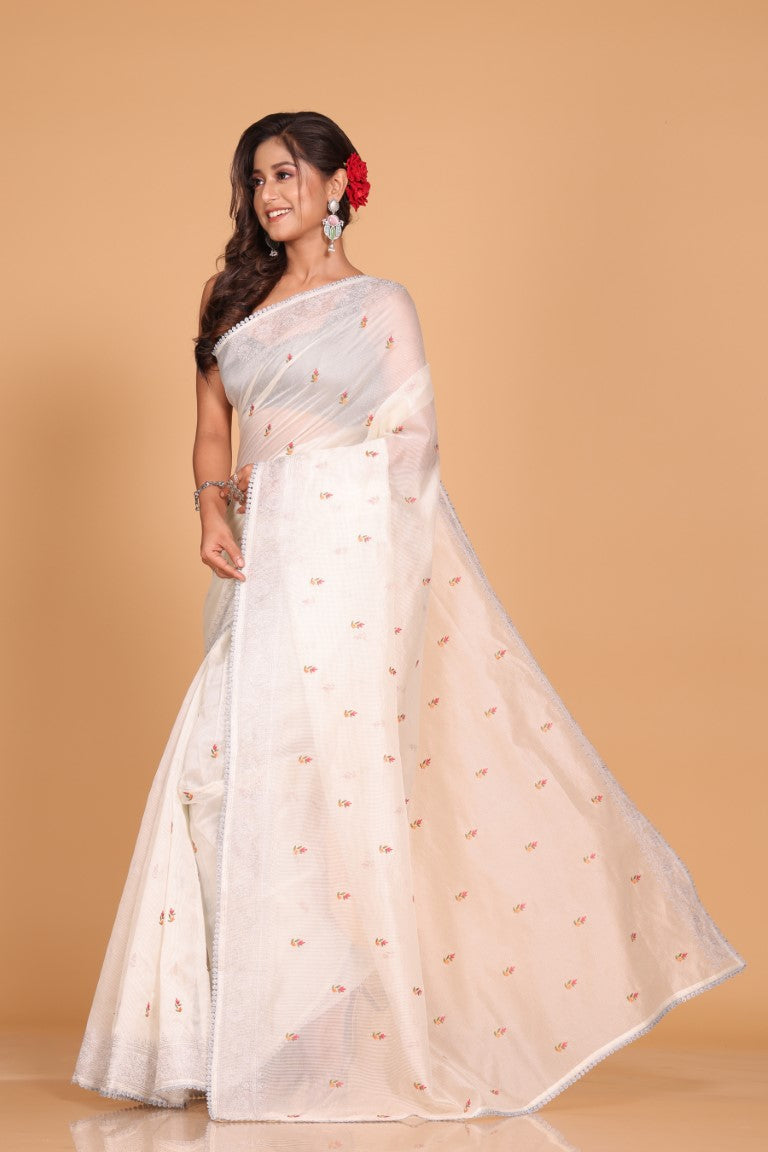 Morchari Cotton Supernet Embroiedery Saree - Off White | Grocsy